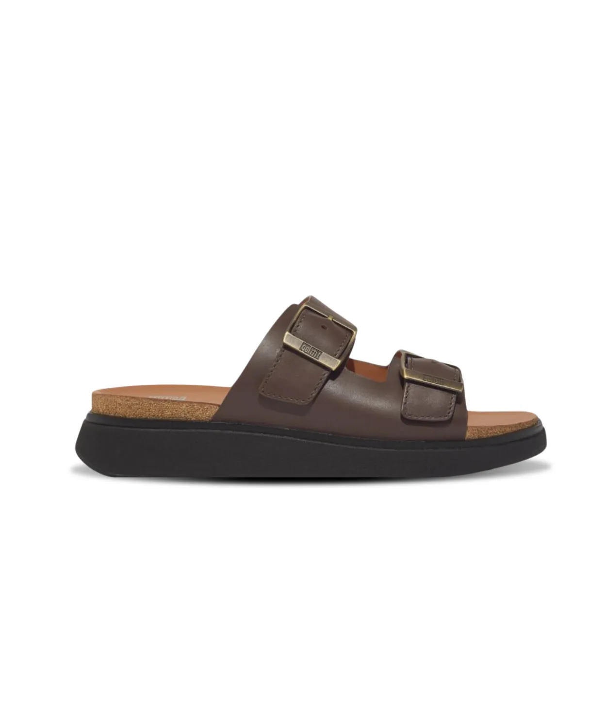 Fitflop Gen FF Buckle Two Bar Leather Slides Mens Chocolate Brown