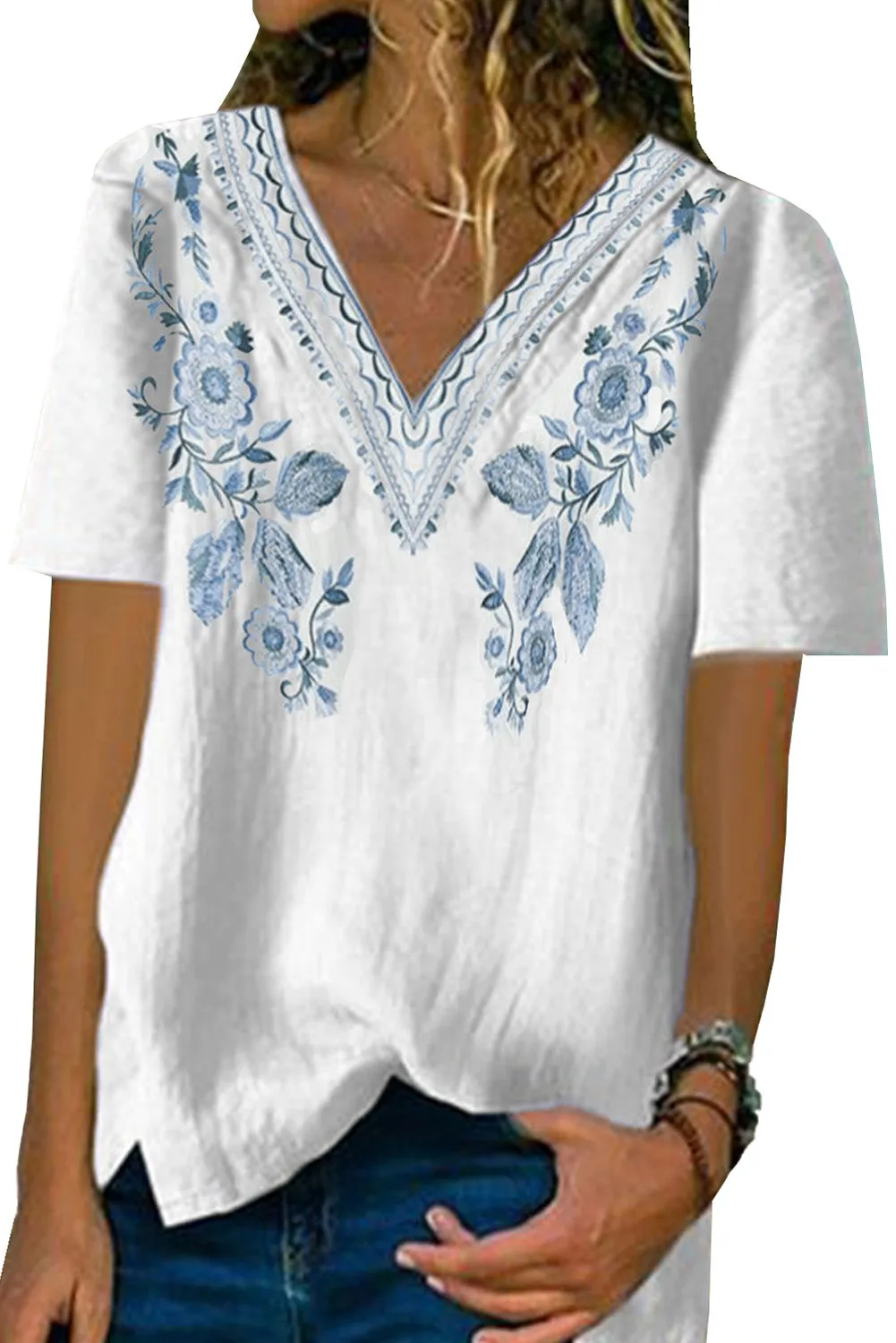 Floral Pattern V Neck Short Sleeve Top
