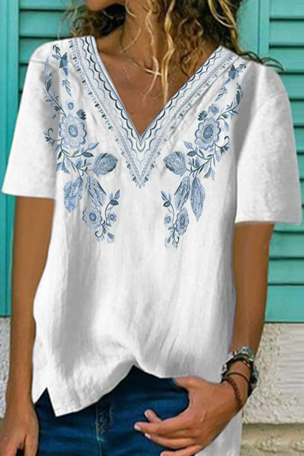 Floral Pattern V Neck Short Sleeve Top
