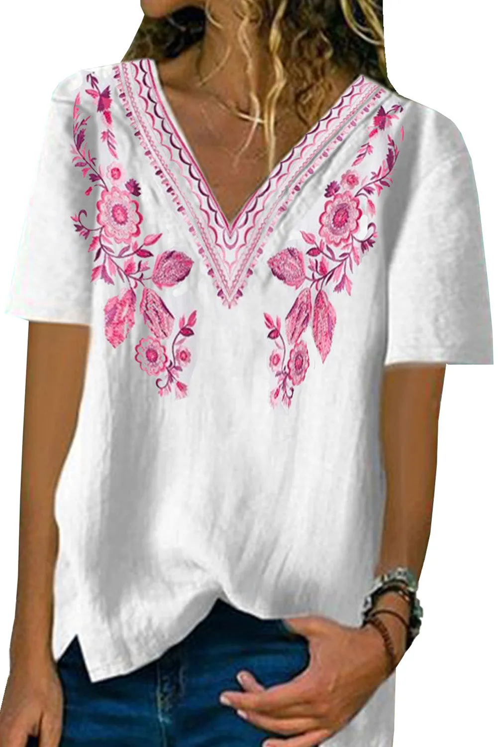 Floral Pattern V Neck Short Sleeve Top