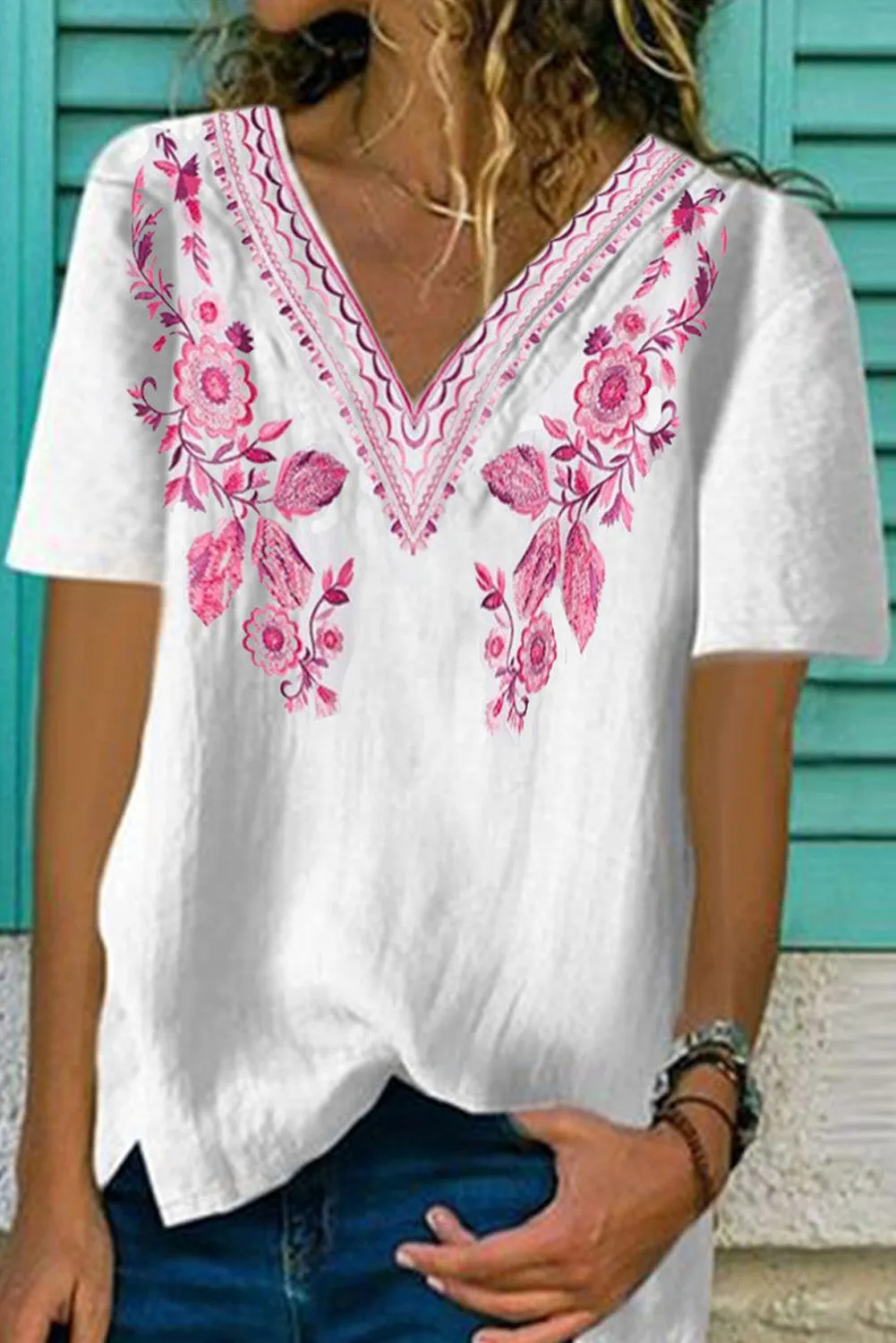 Floral Pattern V Neck Short Sleeve Top