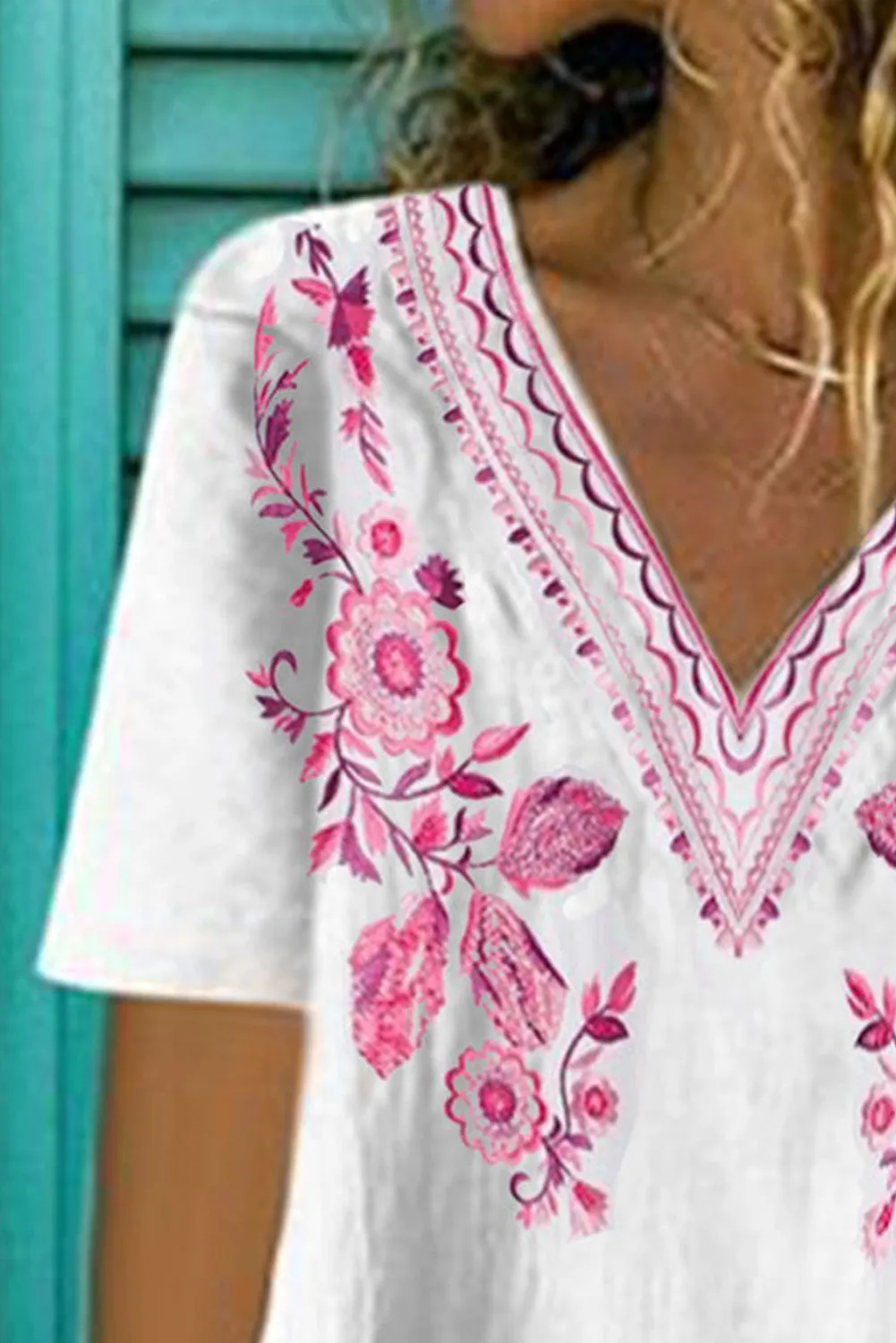 Floral Pattern V Neck Short Sleeve Top