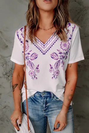 Floral Pattern V Neck Short Sleeve Top