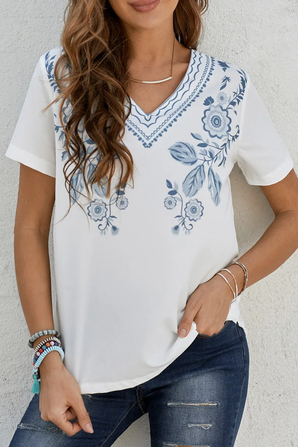 Floral Pattern V Neck Short Sleeve Top