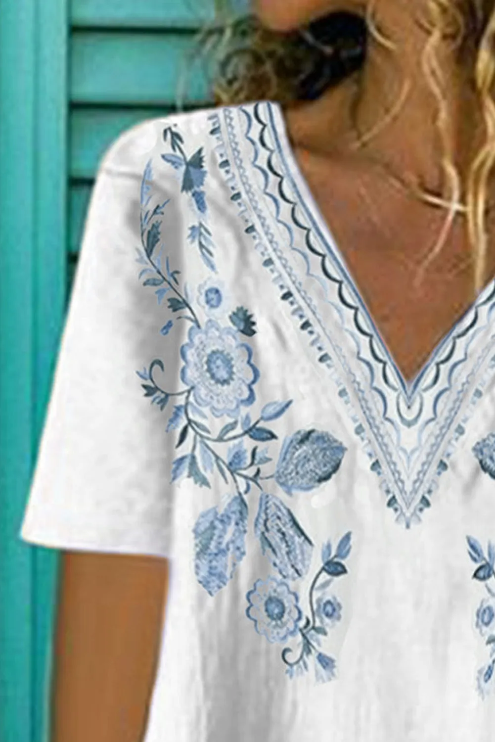 Floral Pattern V Neck Short Sleeve Top