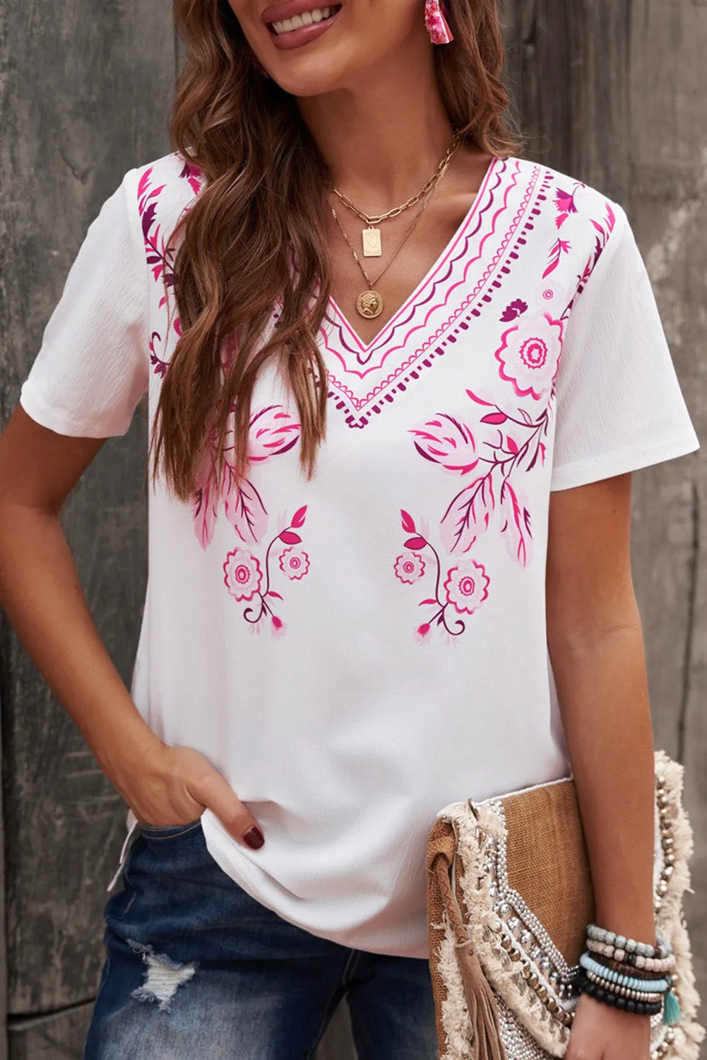 Floral Pattern V Neck Short Sleeve Top