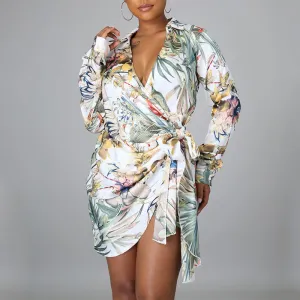 Floral Print V-Neck Long Sleeve Belted Shirt Dress