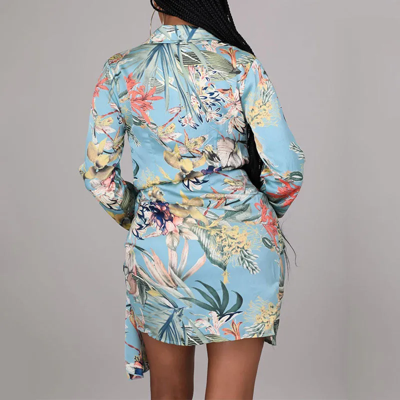 Floral Print V-Neck Long Sleeve Belted Shirt Dress