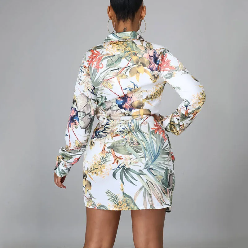 Floral Print V-Neck Long Sleeve Belted Shirt Dress