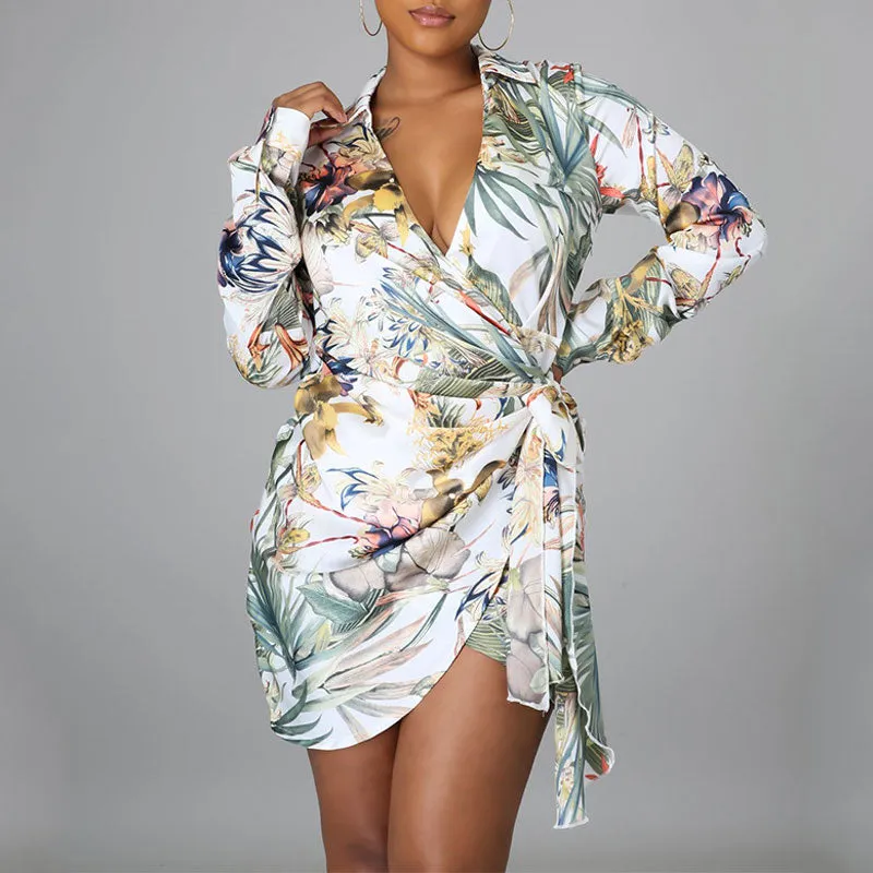 Floral Print V-Neck Long Sleeve Belted Shirt Dress