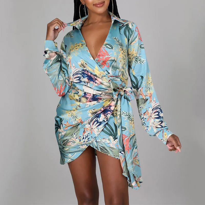 Floral Print V-Neck Long Sleeve Belted Shirt Dress