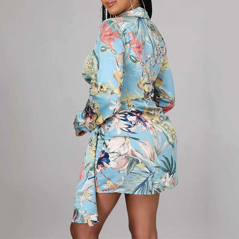 Floral Print V-Neck Long Sleeve Belted Shirt Dress