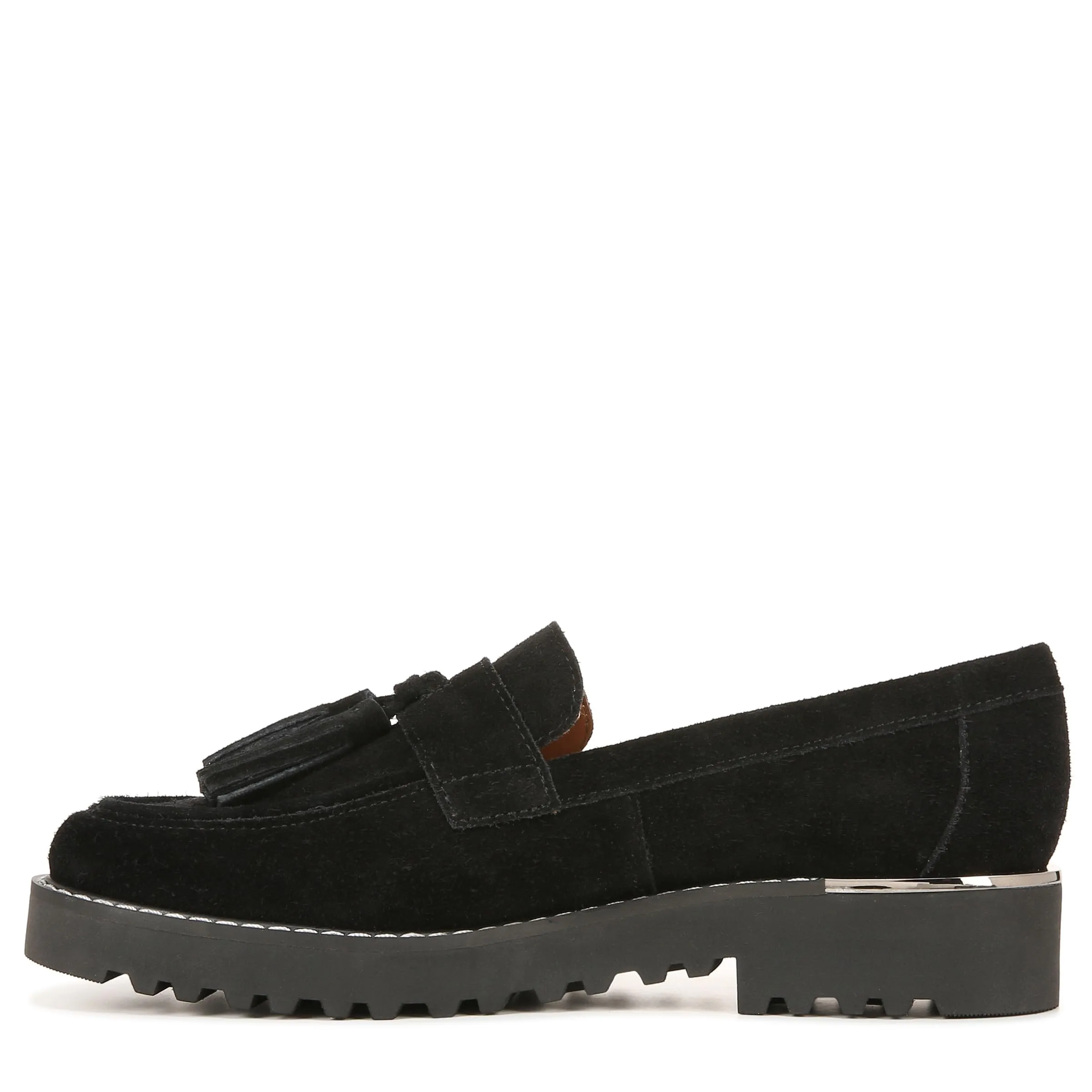 Franco Sarto Womens Carolynn Lug Sole Loafer with Tassel Detail , Black Suede, 10 M
