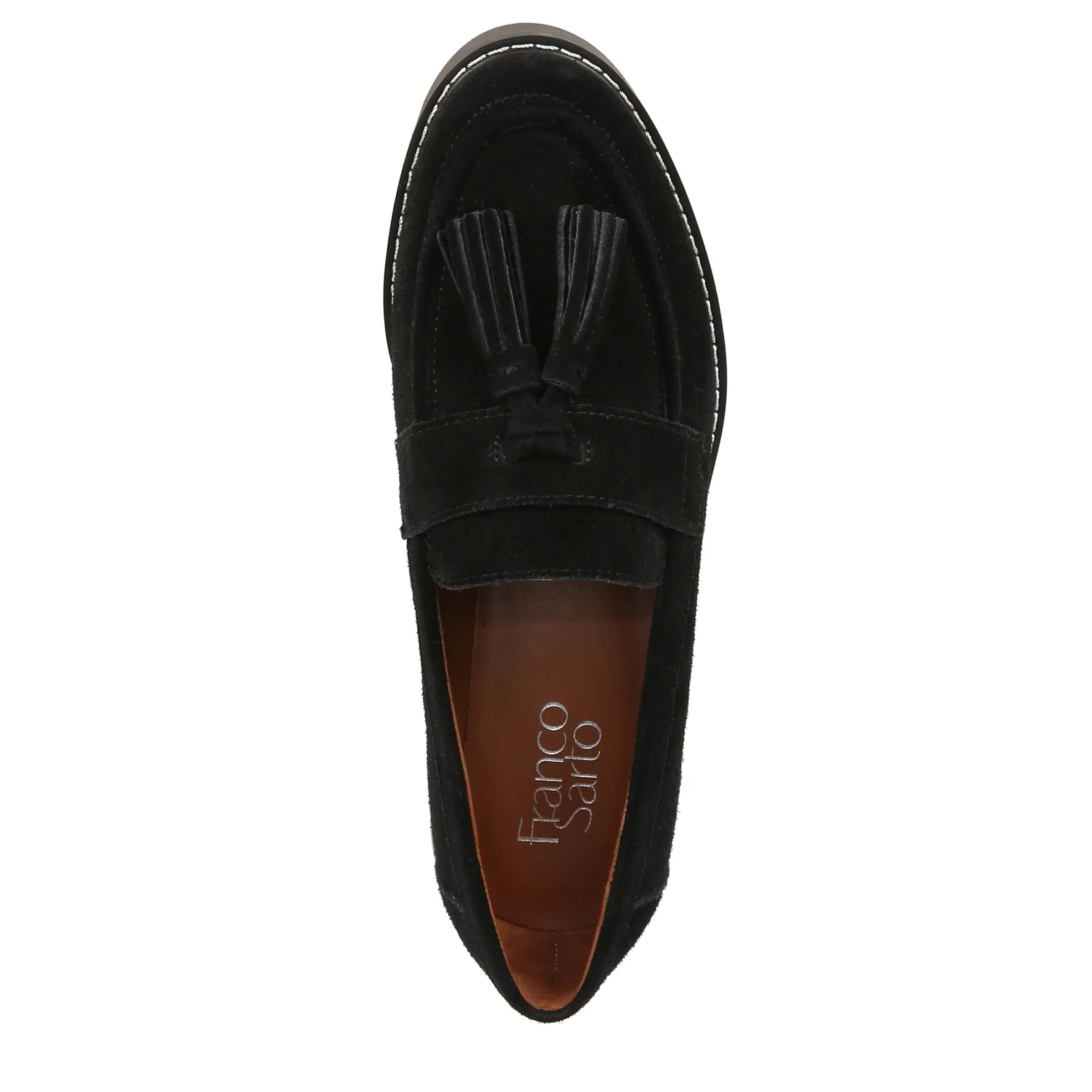 Franco Sarto Womens Carolynn Lug Sole Loafer with Tassel Detail , Black Suede, 10 M