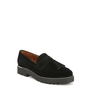 Franco Sarto Womens Carolynn Lug Sole Loafer with Tassel Detail , Black Suede, 10 M