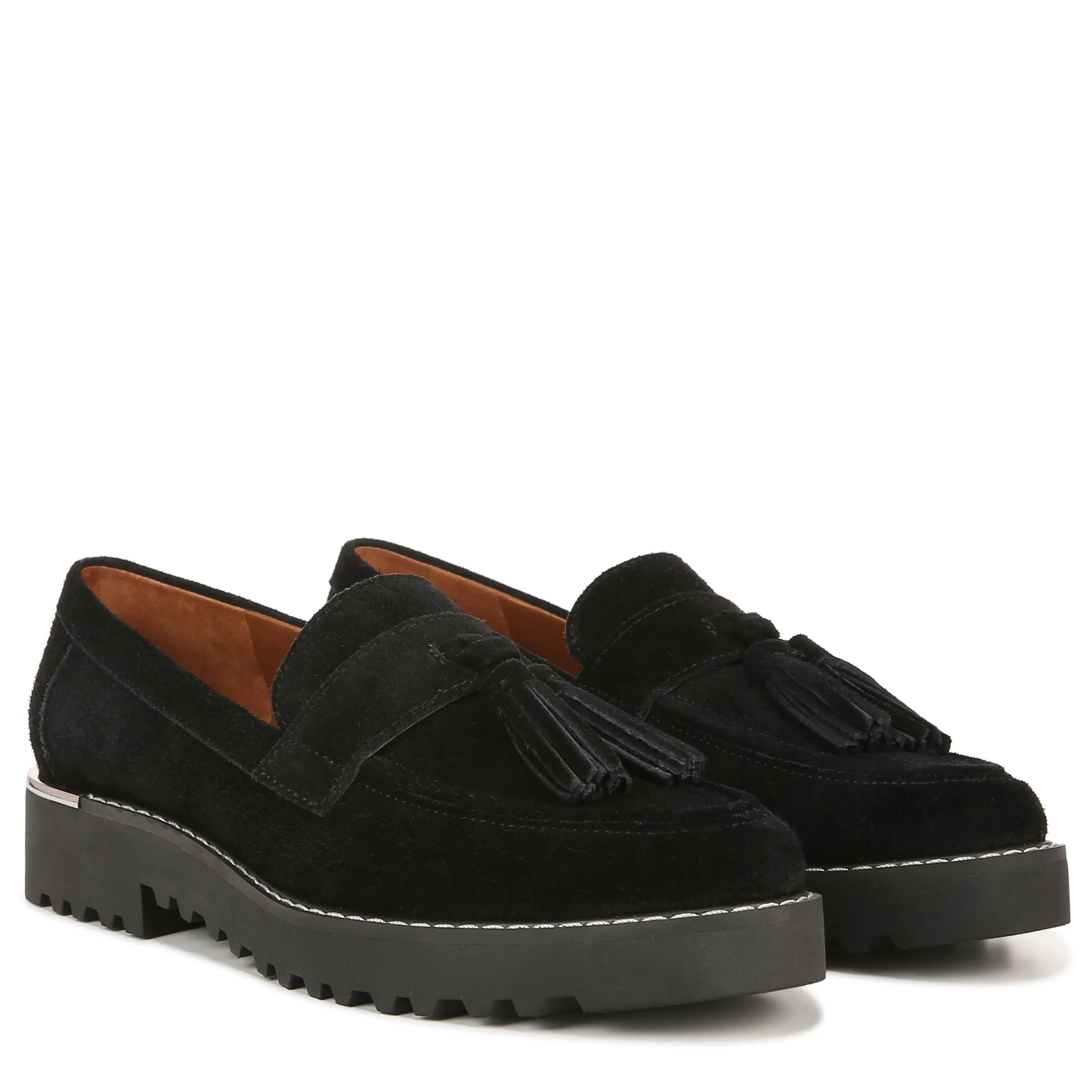 Franco Sarto Womens Carolynn Lug Sole Loafer with Tassel Detail , Black Suede, 10 M
