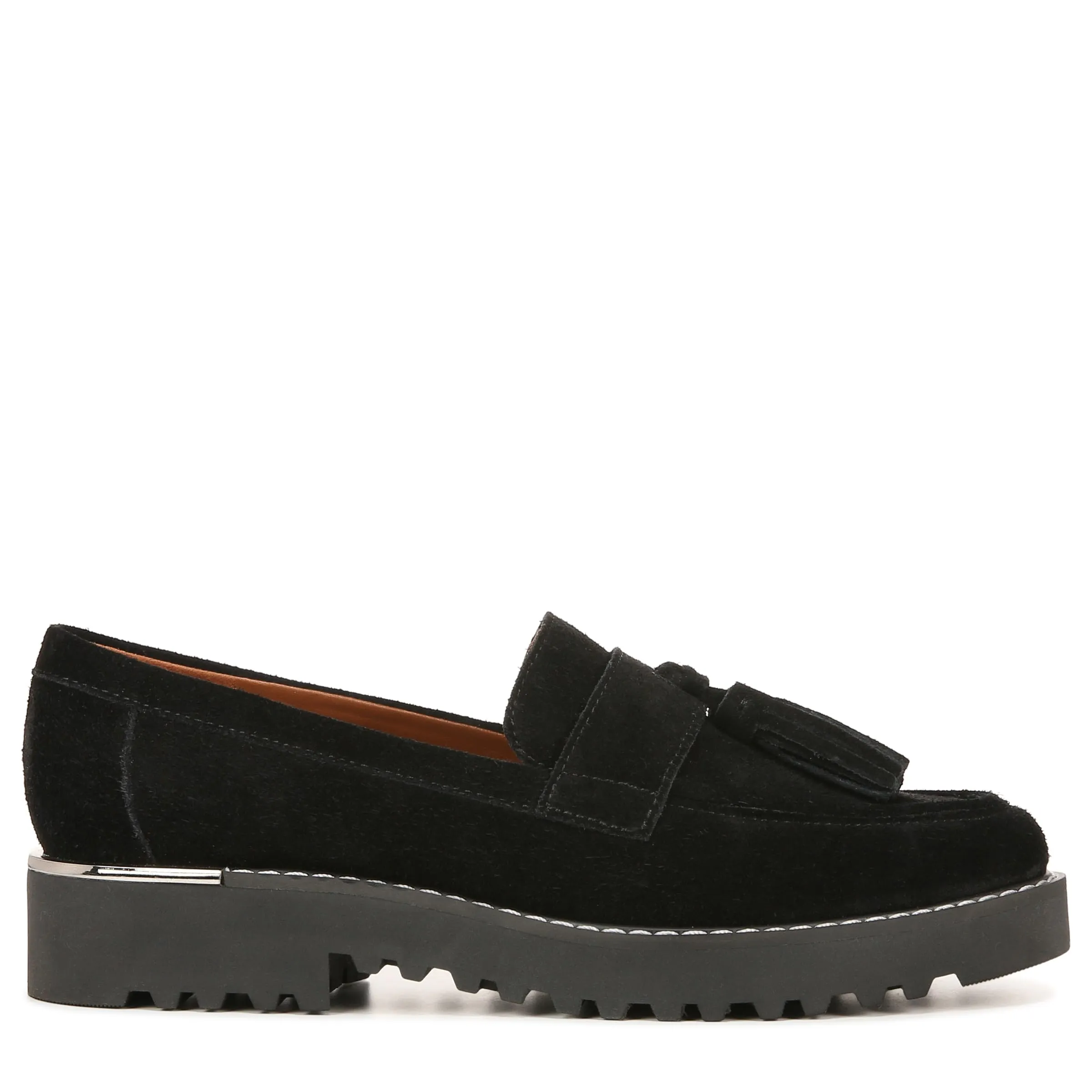 Franco Sarto Womens Carolynn Lug Sole Loafer with Tassel Detail , Black Suede, 10 M