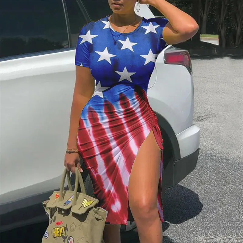 Freedom Flag Print High Slit Bodycon Dress