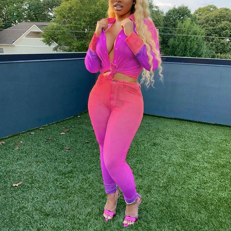 Gradient Color Pocket Design Two Piece Set
