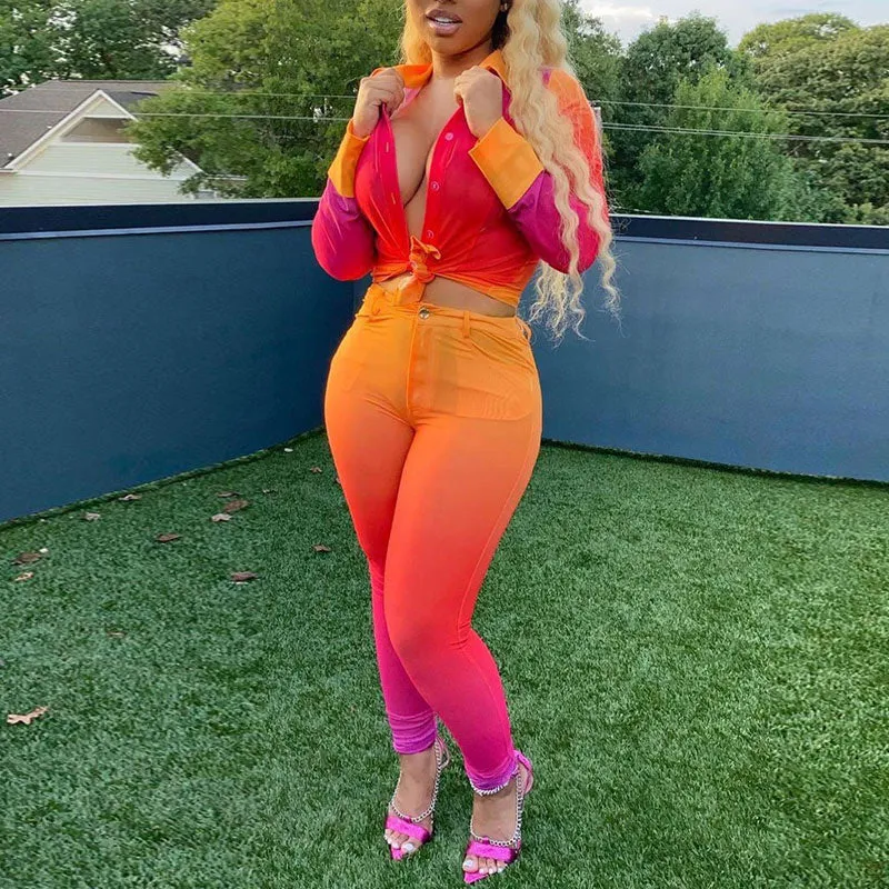 Gradient Color Pocket Design Two Piece Set
