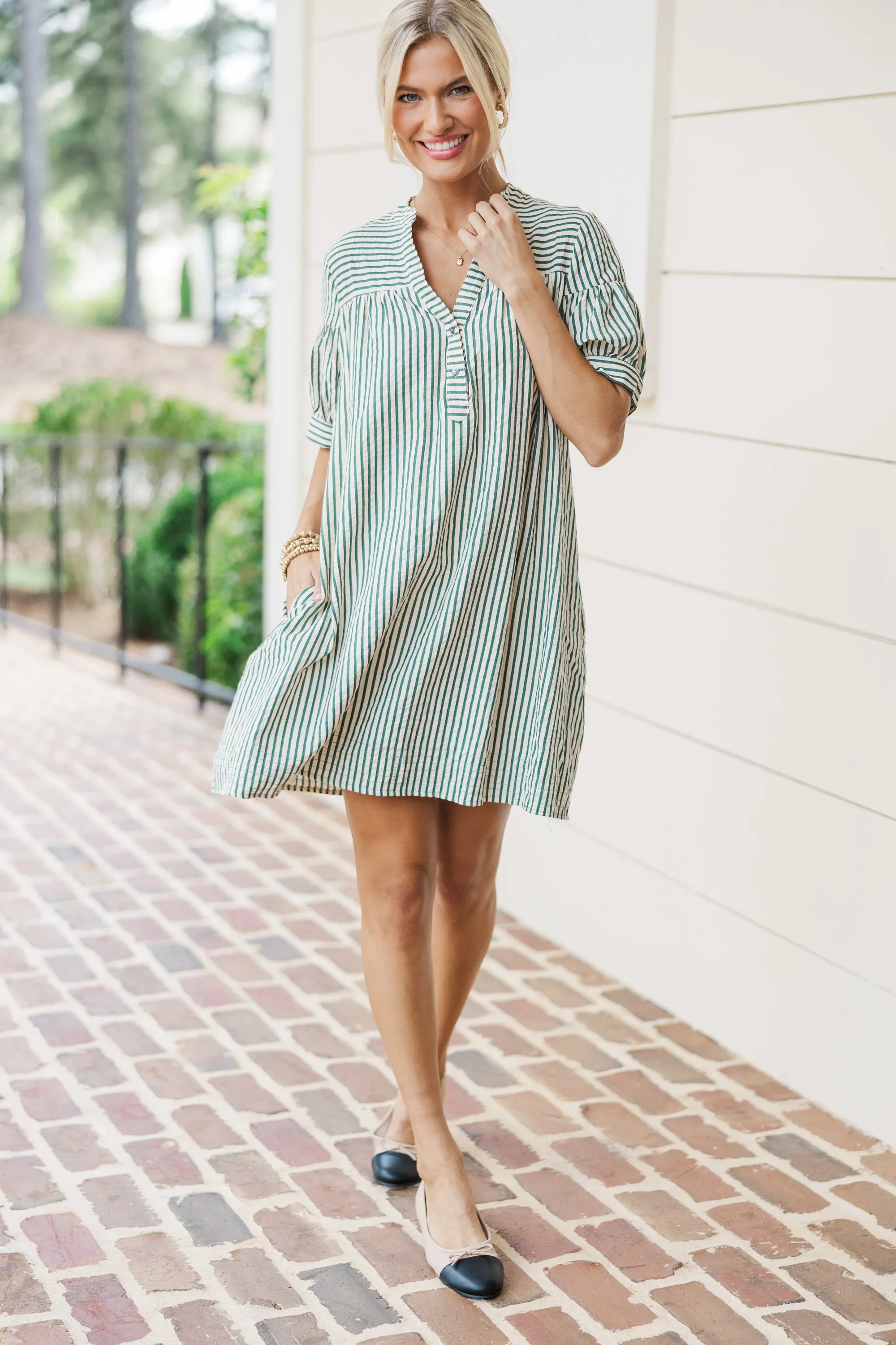 Head Of The Class Hunter Green Striped Dress