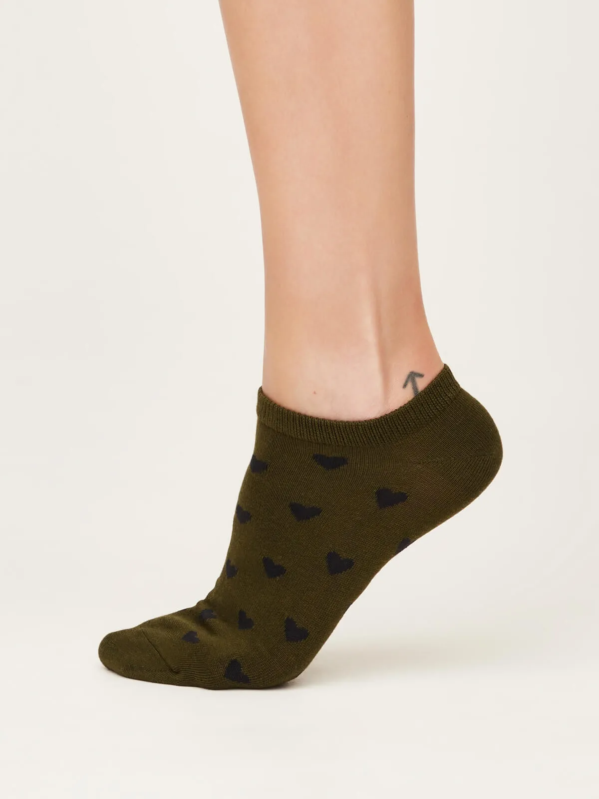 Heart Bamboo Trainer Socks in Olive Green by Thought, Size 4-7