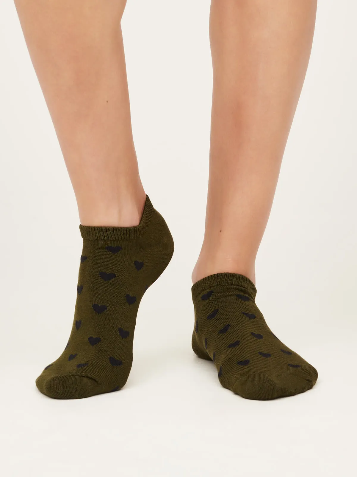 Heart Bamboo Trainer Socks in Olive Green by Thought, Size 4-7
