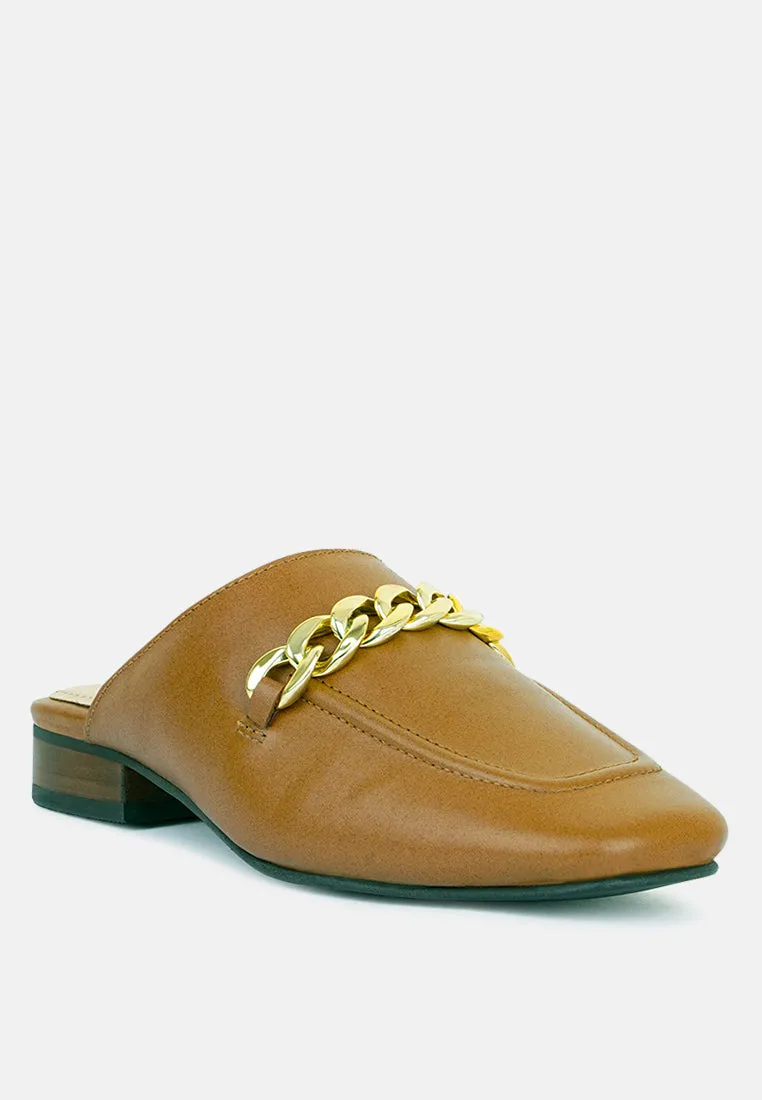 Honey Leather Chain Detail Mules By Ruw