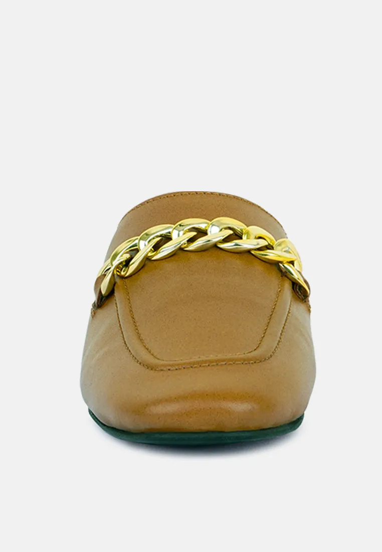 Honey Leather Chain Detail Mules By Ruw