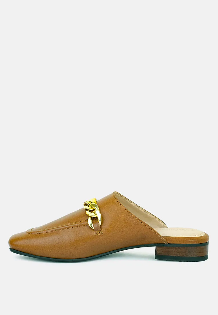 Honey Leather Chain Detail Mules By Ruw