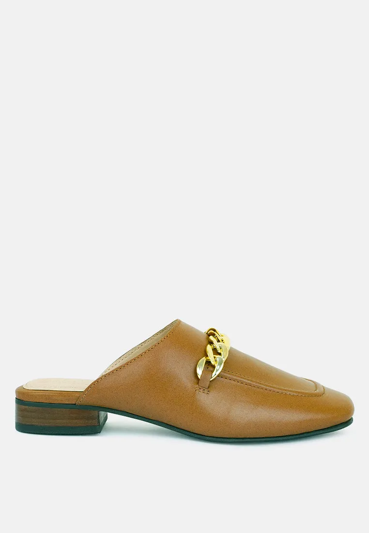 Honey Leather Chain Detail Mules By Ruw