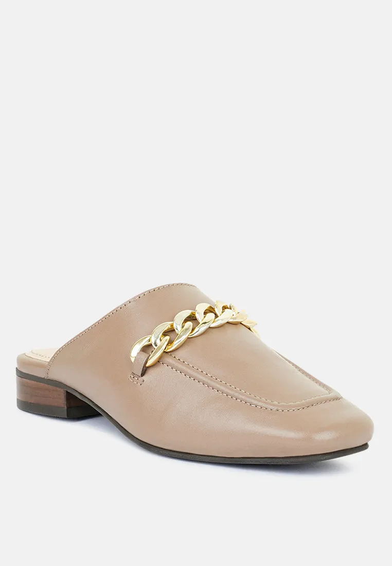 Honey Leather Chain Detail Mules By Ruw