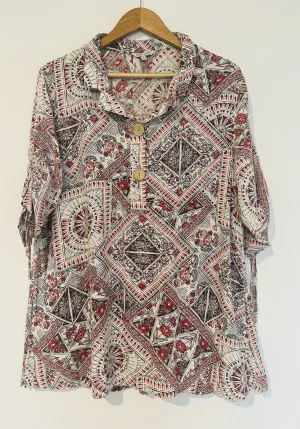 John Mark Shirt Womens Extra Large White Floral 1/2 Button Ruched Sleeve Tunic