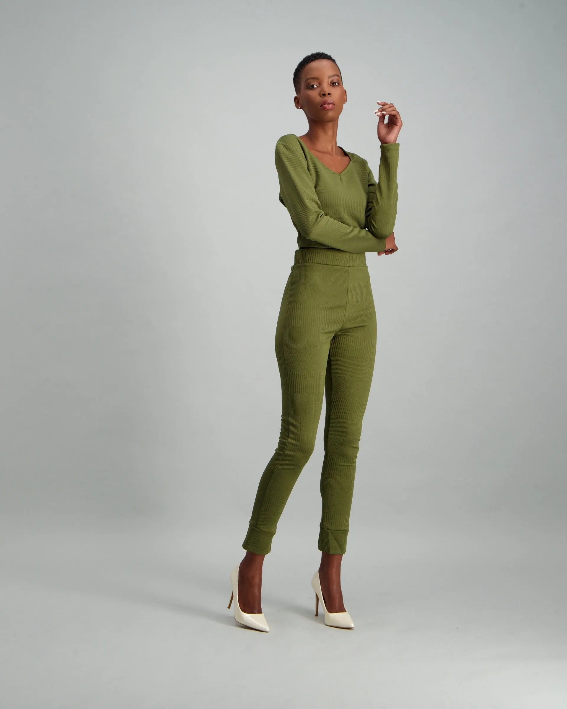 Ladies Cuffed Rib Leggings - Fatigue