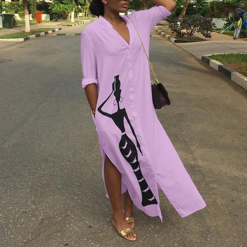 Ladies Print Button Long Sleeve Split Shirt Dress