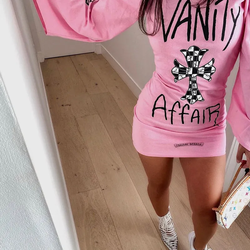 Letter Print Long Sleeve Bodycon Dress