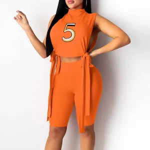 Letter Print Sleeveless Slit Crop Top & Shorts Set