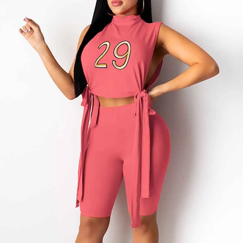 Letter Print Sleeveless Slit Crop Top & Shorts Set
