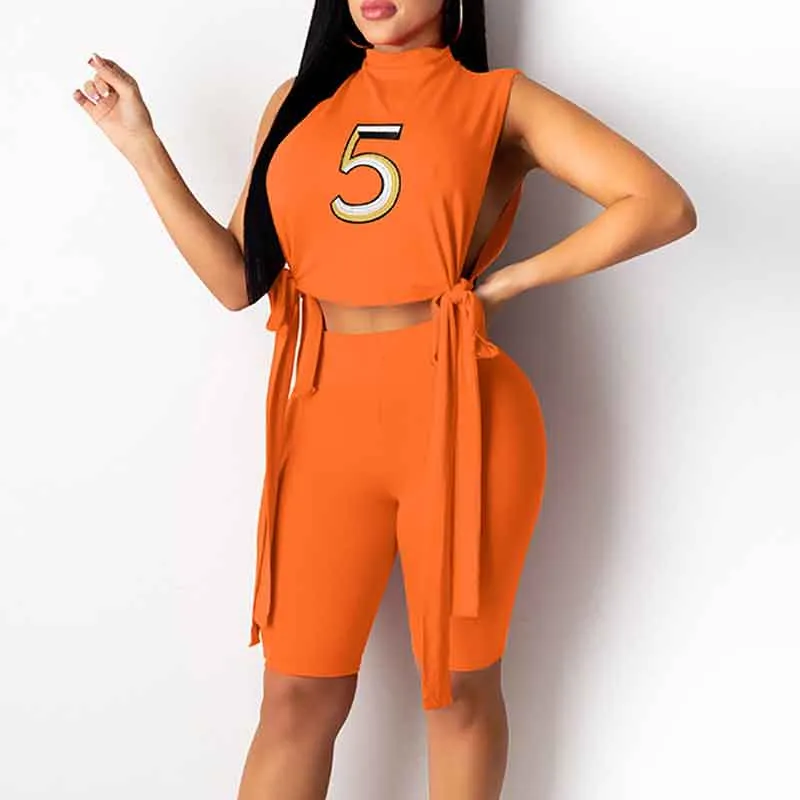 Letter Print Sleeveless Slit Crop Top & Shorts Set