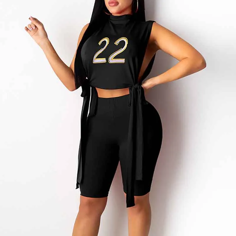 Letter Print Sleeveless Slit Crop Top & Shorts Set