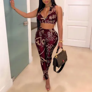 Letter Print Zipper Design Two Piece Set