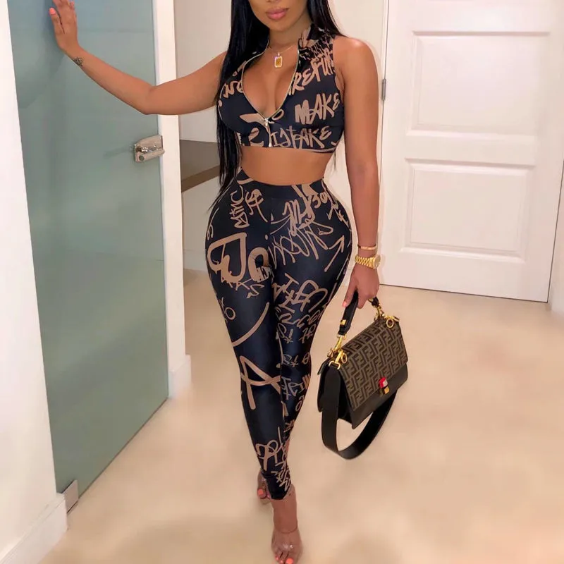 Letter Print Zipper Design Two Piece Set
