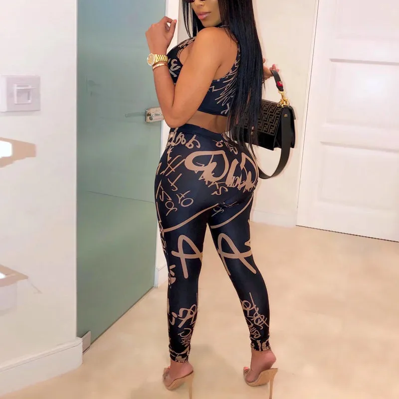Letter Print Zipper Design Two Piece Set