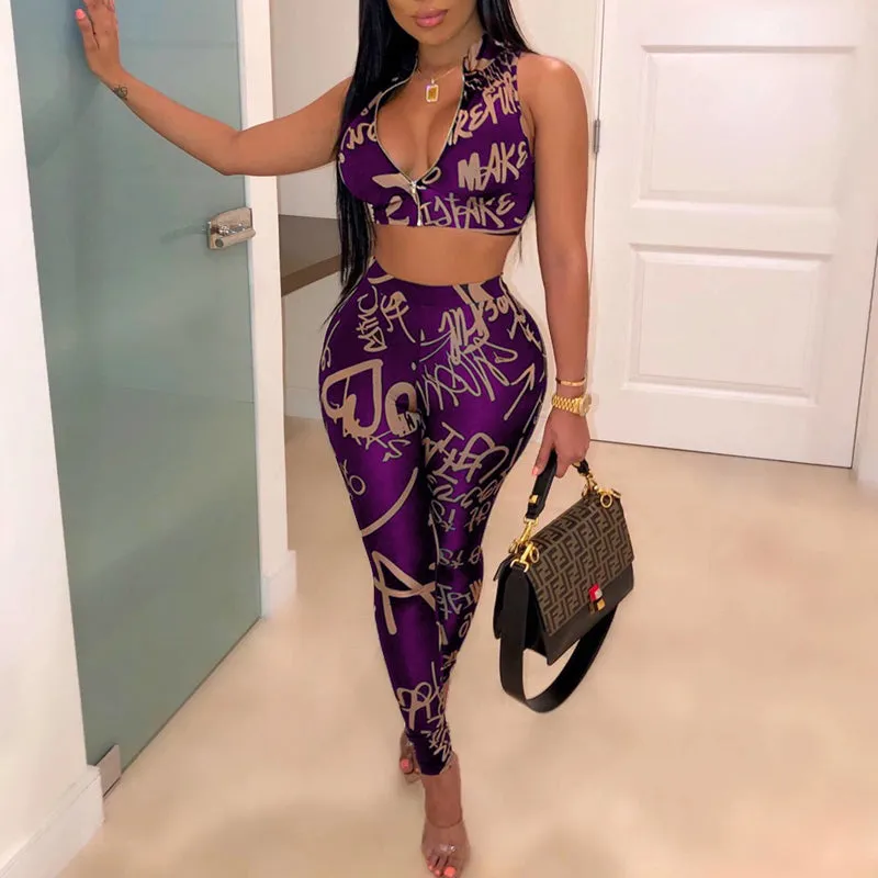 Letter Print Zipper Design Two Piece Set