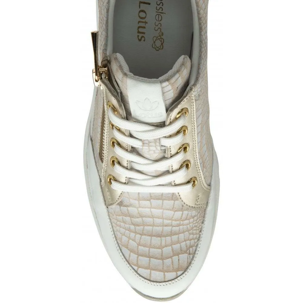 Lotus Ladies Sassy Cream Croc Effect Leather Wedge Lightweight Trainer