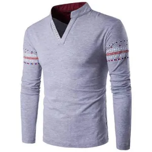 Mens Fashion Chinese Collar V-neck Printing Long Sleeve Casual T-shirt
