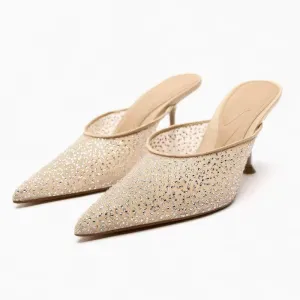 Mesh Sequin Sparkly Pointy Toe Open Back Heels