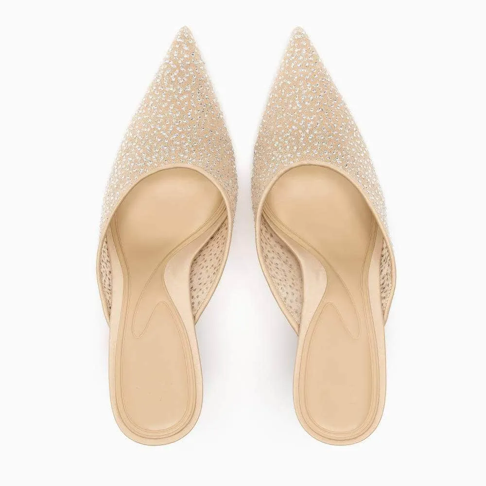 Mesh Sequin Sparkly Pointy Toe Open Back Heels