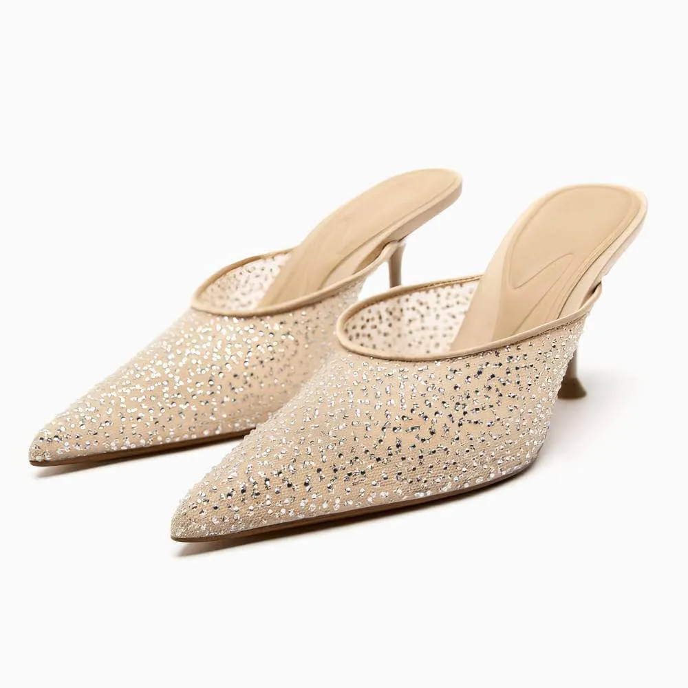Mesh Sequin Sparkly Pointy Toe Open Back Heels