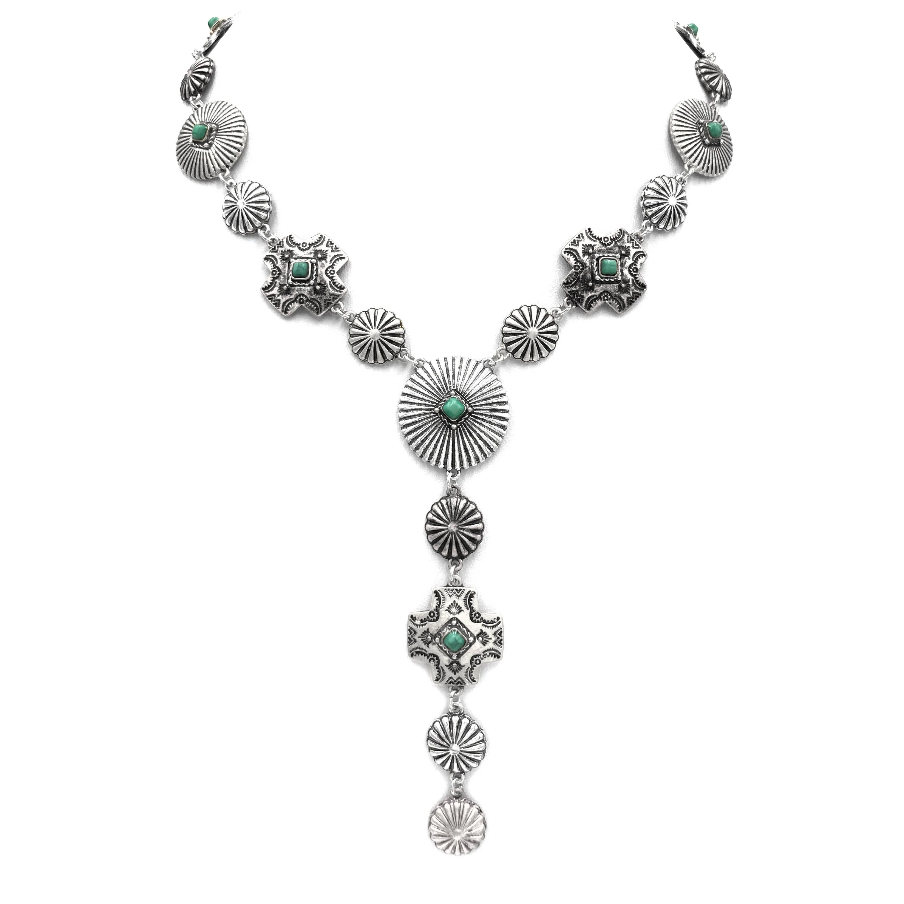 Metal Western Cross Native Concho Y Necklace: Silver